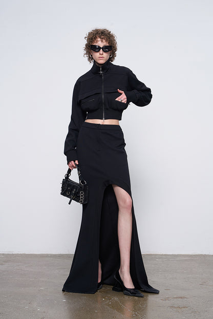 ANNAKIKI Designer Curved Casual Sweat Slit Maxi Skirt-FUKU