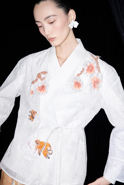 M essential Mackay designer label Quiet lace dahlia Thai lion goldfish studded Kimono Top - NICE.