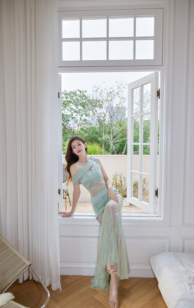 DOLLY Luxury Mint Slant Collar Sleeveless High Waist Long Fish Tail Lace Dress-LARISA