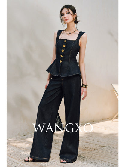 WANGXO | Light-Breathing Tencel Cotton Custom Metal Buckle Vest & Wide-Leg Pants Retro Denim Suit-YARA