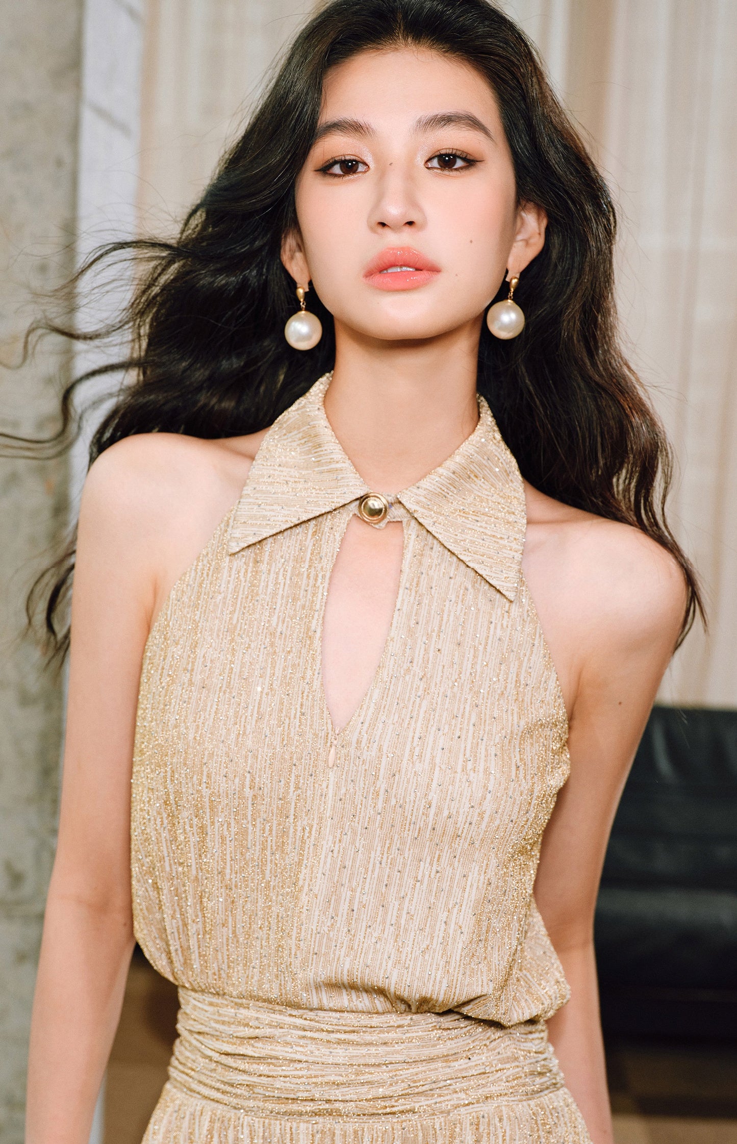 WANGXO | Extravagant Sparkling Meteor Diamond  Metallic Striped Umbrella Hem Sleeveless Dress -ZIVI