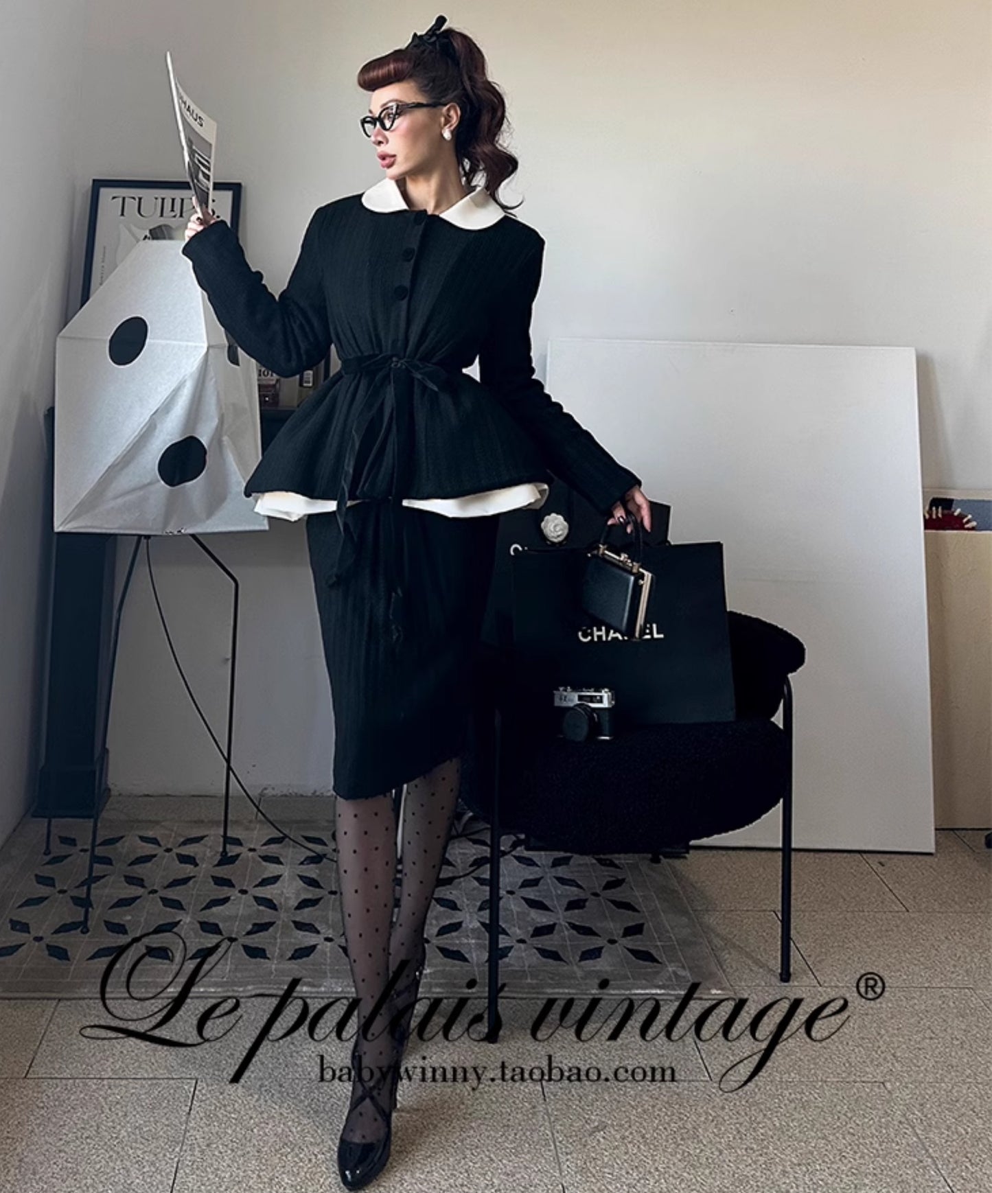 Le Palais Vintage Elegant Black and White Round Neck Cardigan High Waist Pencil Office Skirt-Ivy