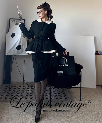 Le Palais Vintage Elegant Black and White Round Neck Cardigan High Waist Pencil Office Skirt-Ivy