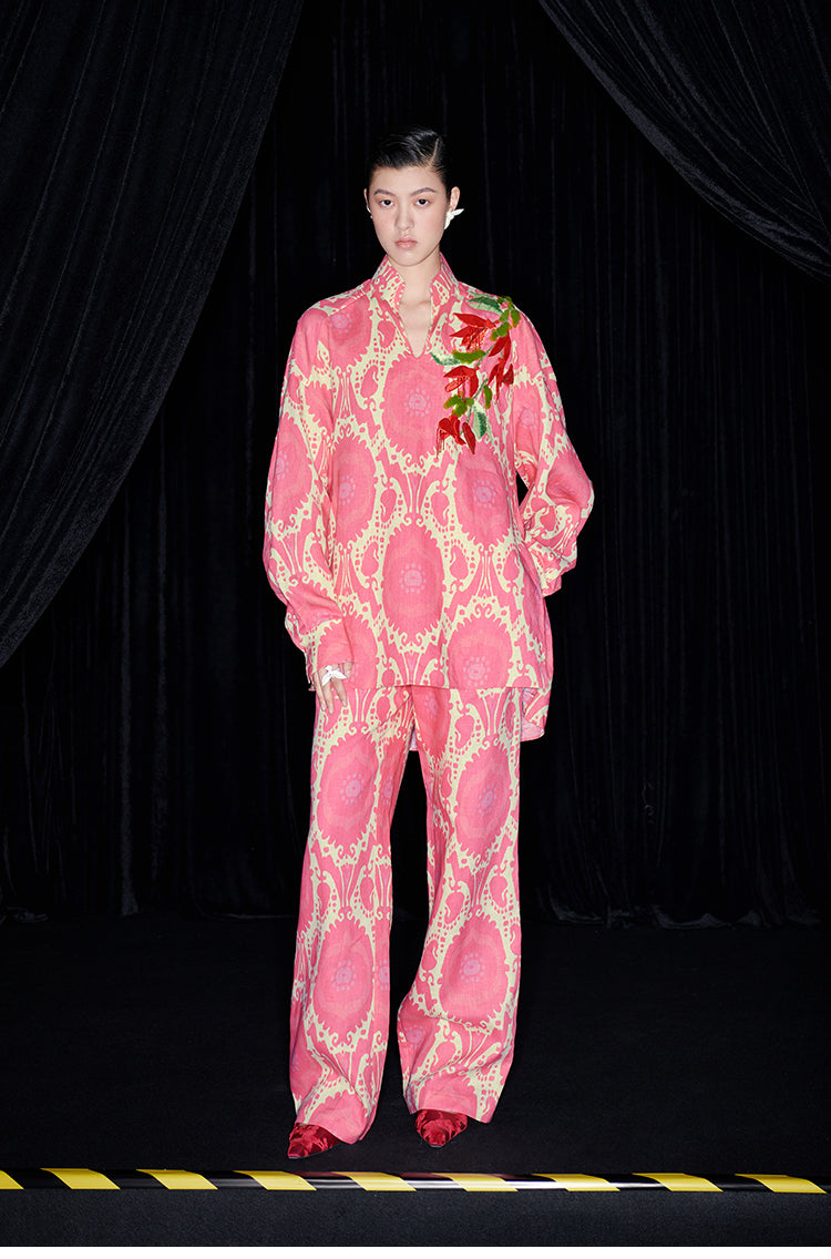 M essential Mackay designer Tuohua calico Burmese tree appliqué embroidered shirt pant set - tao