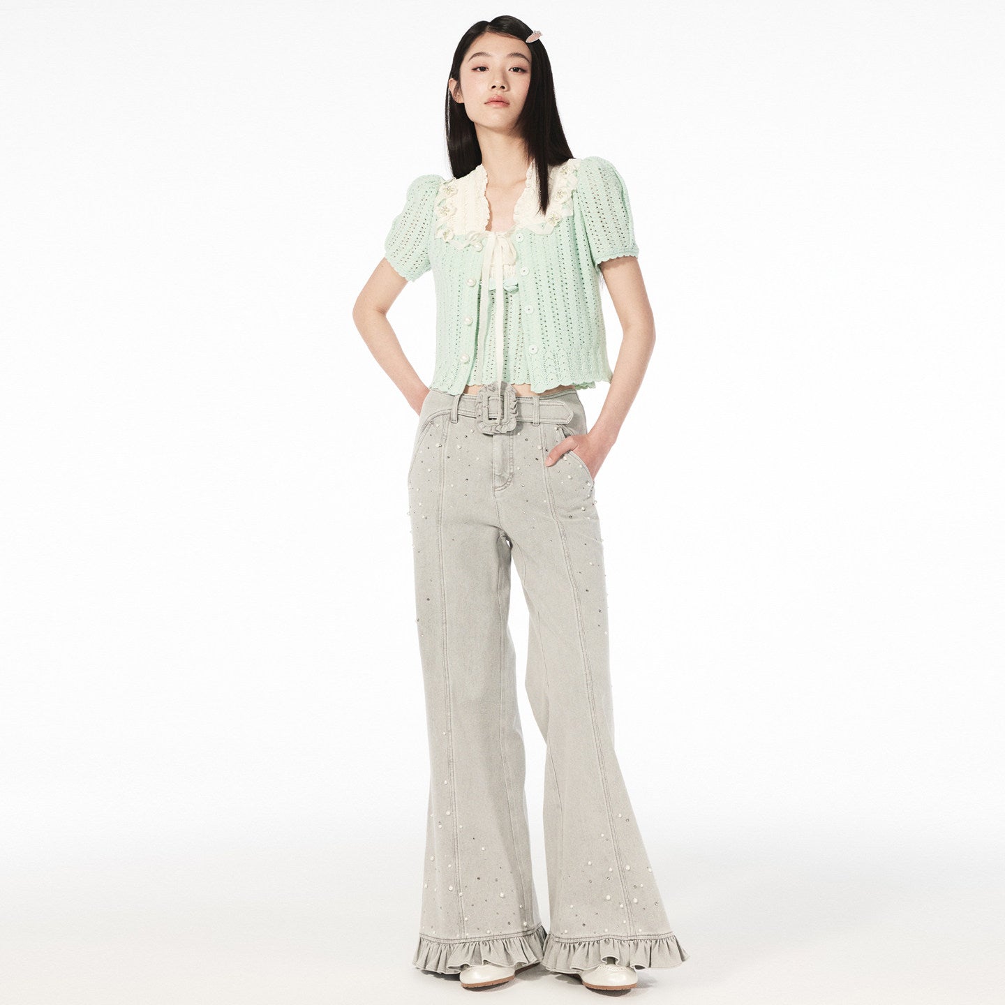 FAME beaded ruffled wide-leg denim trousers - ZOEY