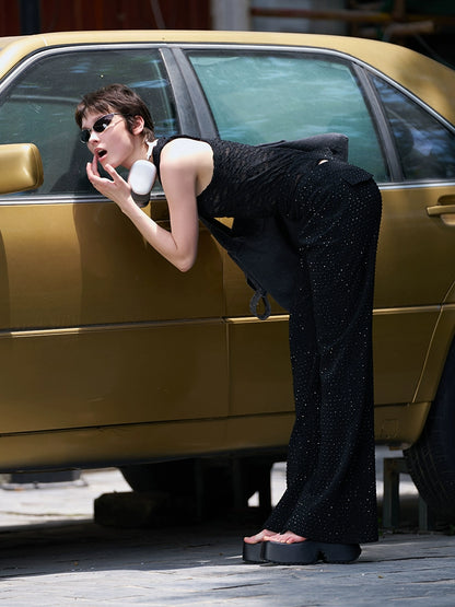 ANNAKIKI Triacetate Hollow Four-pointed Star Full Diamond Bootcut Pants-SATO