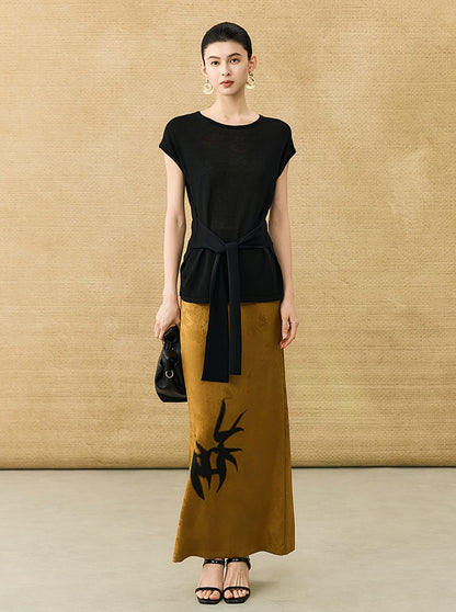 HECO Chinese high-end acetate bamboo feminine temperament printed slit skirt - COLT.