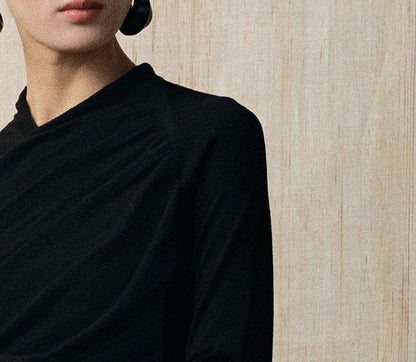 ZHUCHONGYUN V-neck pleated wool knit long sleeve top-NOELLE.