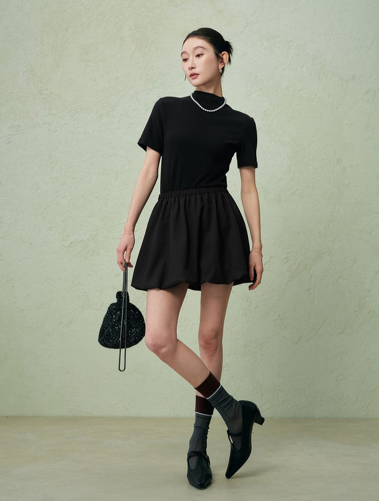 SUSHE three-dimensional flower bud elastic waist short skirt -PEARL