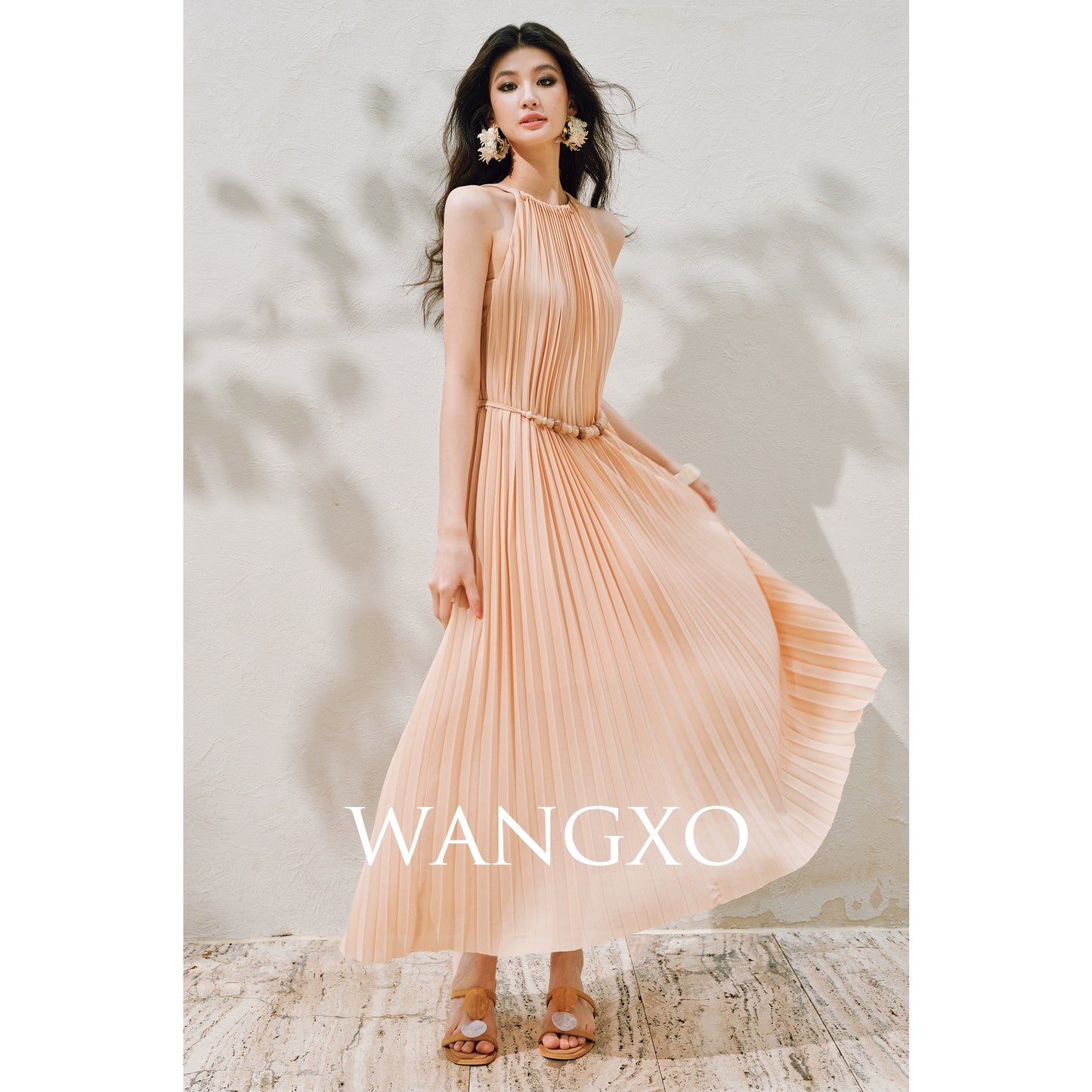 WANGXO | Natural Stone Beaded Halterneck Flowing A-Line Umbrella Skirt -ZENA