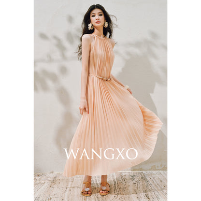 WANGXO | Natural Stone Beaded Halterneck Flowing A-Line Umbrella Skirt -ZENA