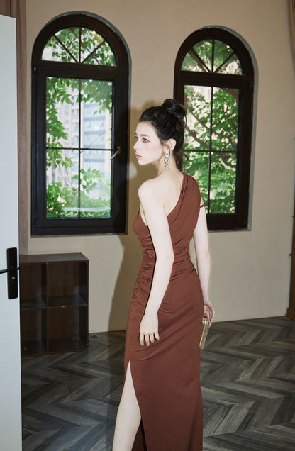 DOLLY High End Caramel Coffee Slant Collar Sleeveless High Waist Long Dinner Dress-CALYPSO  (V)