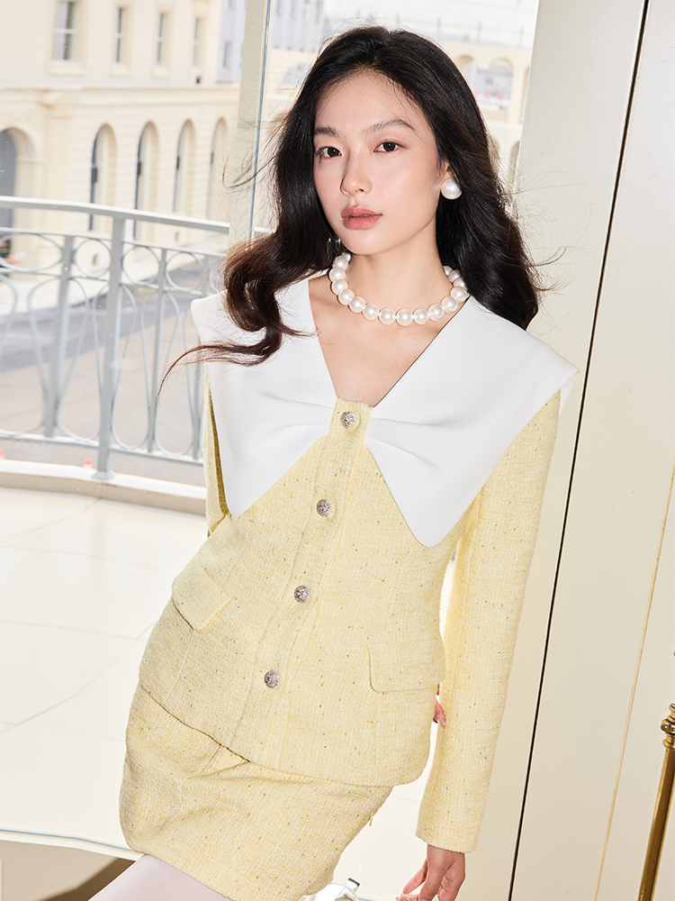 YES BY YESIR  bow collar jacket and skirt suit set - SANS.