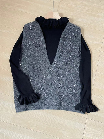 PIAOIN starry sequined V-neck knitted women's vest thermal knitted jacket-HERA