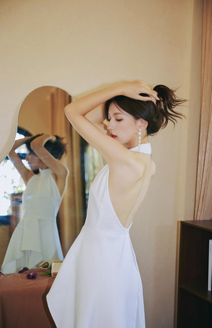 DOLLY High End White/Black Sleeveless Ruffled Halter Neck Top+ Pleated Skirt-SOLANGE