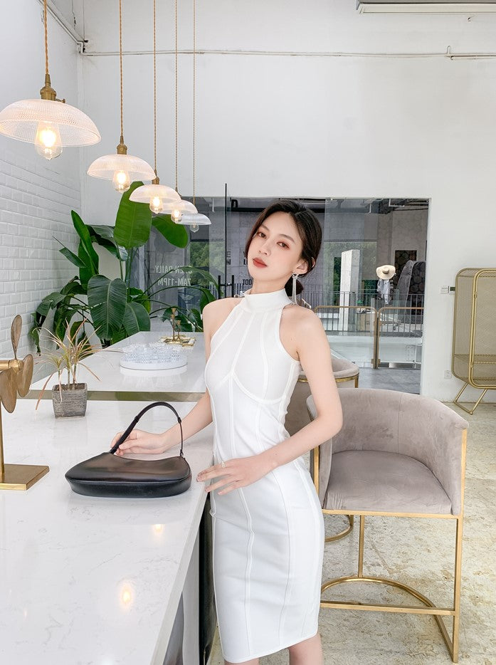 DOLLY Elegant Sleeveless Stand Collar Body Hug Midi Sexy Date Dress-NAT