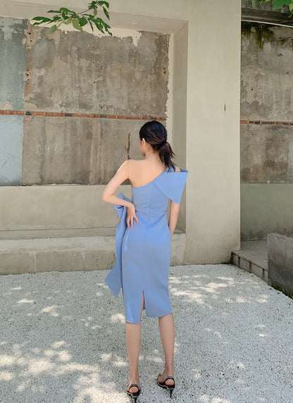 DOLLY Elegant French Style Slant Collar Sleeveless High Waist Midi Dress-QUINNE