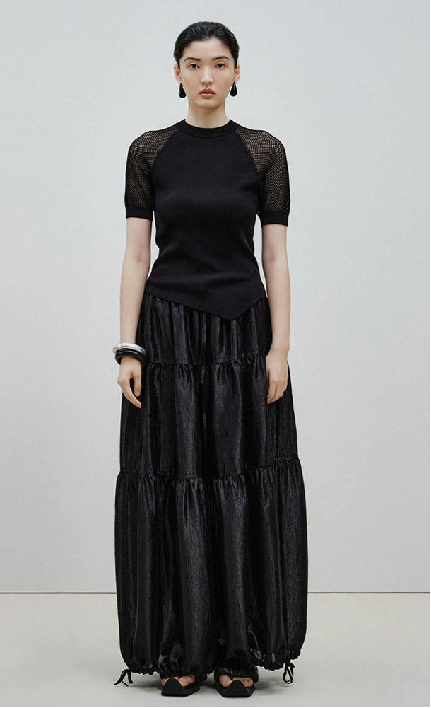 ZHUCHONGYUN black glossy tiered drawstring-cinched loose pants-KURISE.