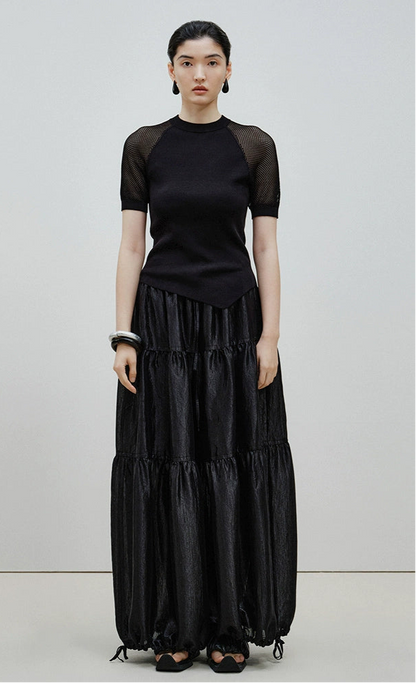 ZHUCHONGYUN black glossy tiered drawstring-cinched loose pants-KURISE.