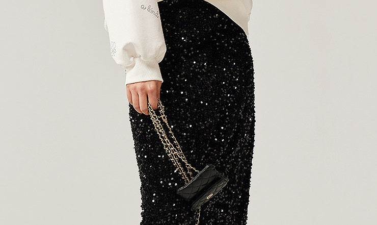 CHICHY temperament velvet sequin black A-line straight skirt -TRACY
