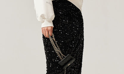 CHICHY temperament velvet sequin black A-line straight skirt -TRACY