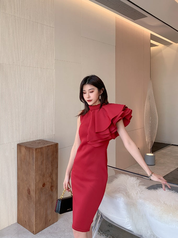 DOLLY High End Retro Style Sleeveless Ruffle Slim Fit Midi Church Dress-RAIN