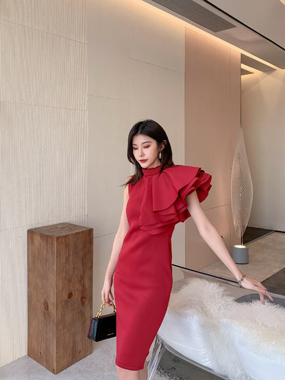 DOLLY High End Retro Style Sleeveless Ruffle Slim Fit Midi Church Dress-RAIN