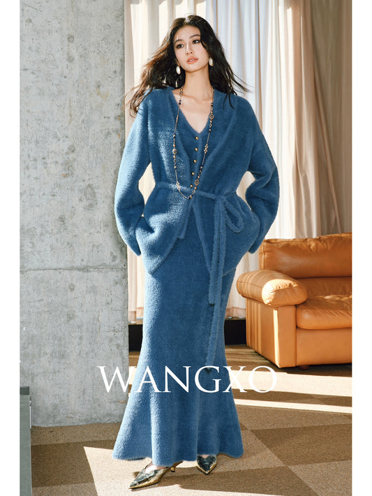 WANGXO | Ultimate Fluffy Mink Hair Texture  Lazy Soft Cardigan, Matching Vest & Elegant Fishtail Skirt Set-  KIMI ?