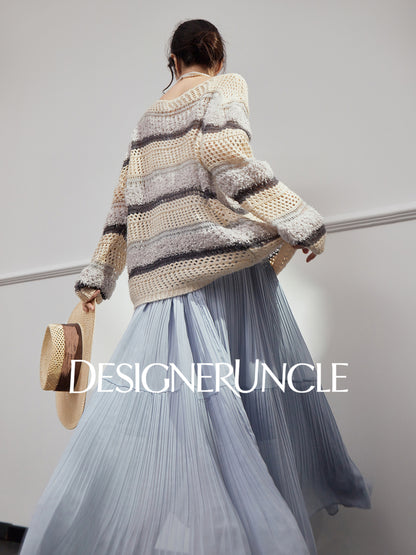 DGU "Weaving Halo" apricot gray striped wool knitted sweater- SHOW.