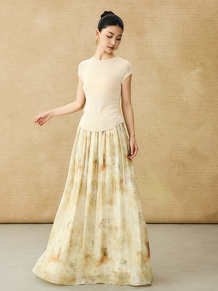 HECO Chinese style slightly transparent round neck knitted short sleeve T-shirt -BING.