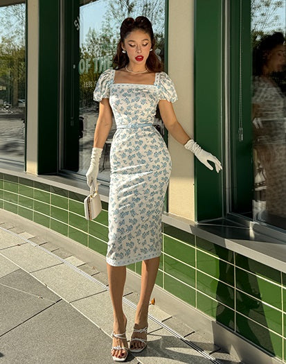 Le Palais Vintage blue floral princess square neck dress-ITSUKA