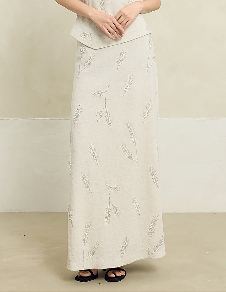 HECO Linen Pearl Leaf Bead Embroidery High Waist Long Skirt Women - JUDAH.