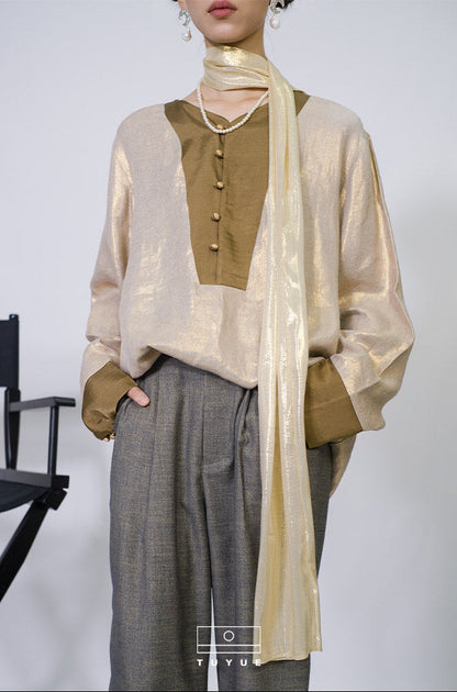 TUYUE Linen Glossy Long Sleeve V-Neck Loose Shirt - ALICIA.