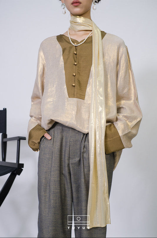 TUYUE Linen Glossy Long Sleeve V-Neck Loose Shirt - ALICIA.
