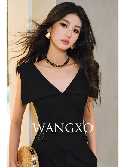 WANGXO | Fine Glitter-Sprinkled Silver High-Elastic Hemp Knit  Layered V-Neck Slim Elegant Top -SANA