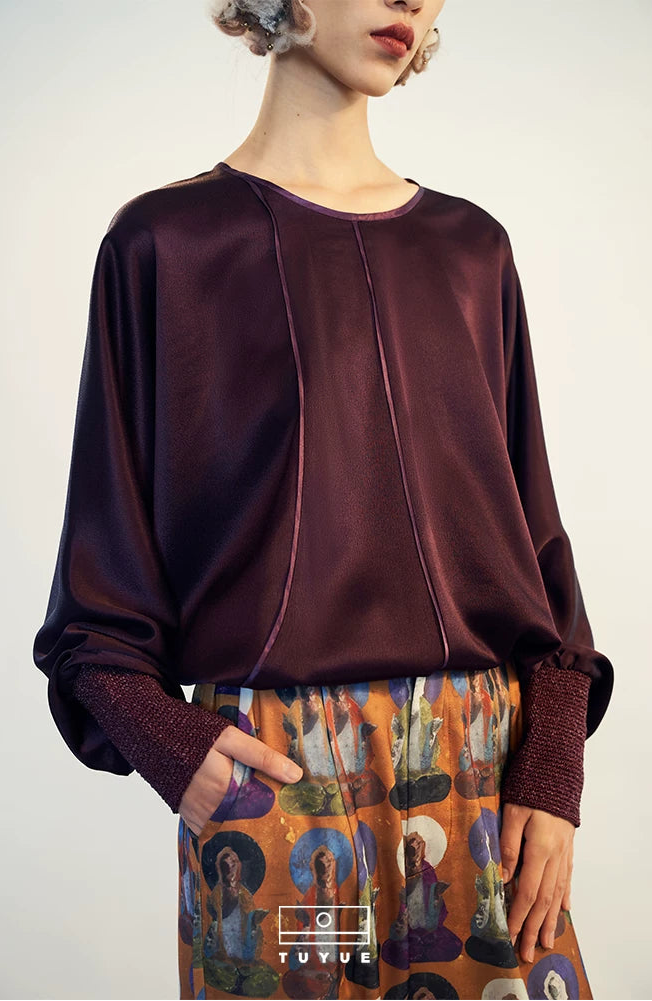 TUYUE Purple Acetate Satin Loose Silhouette Long-sleeved Top-ALANA