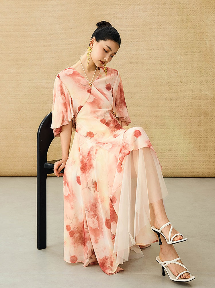 HECO Chinese Floral V-neck Asymmetric Hem Long Dress - DOMINION.
