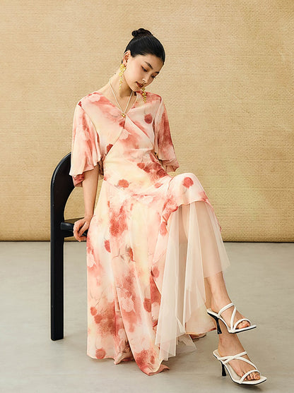HECO Chinese Floral V-neck Asymmetric Hem Long Dress - DOMINION.