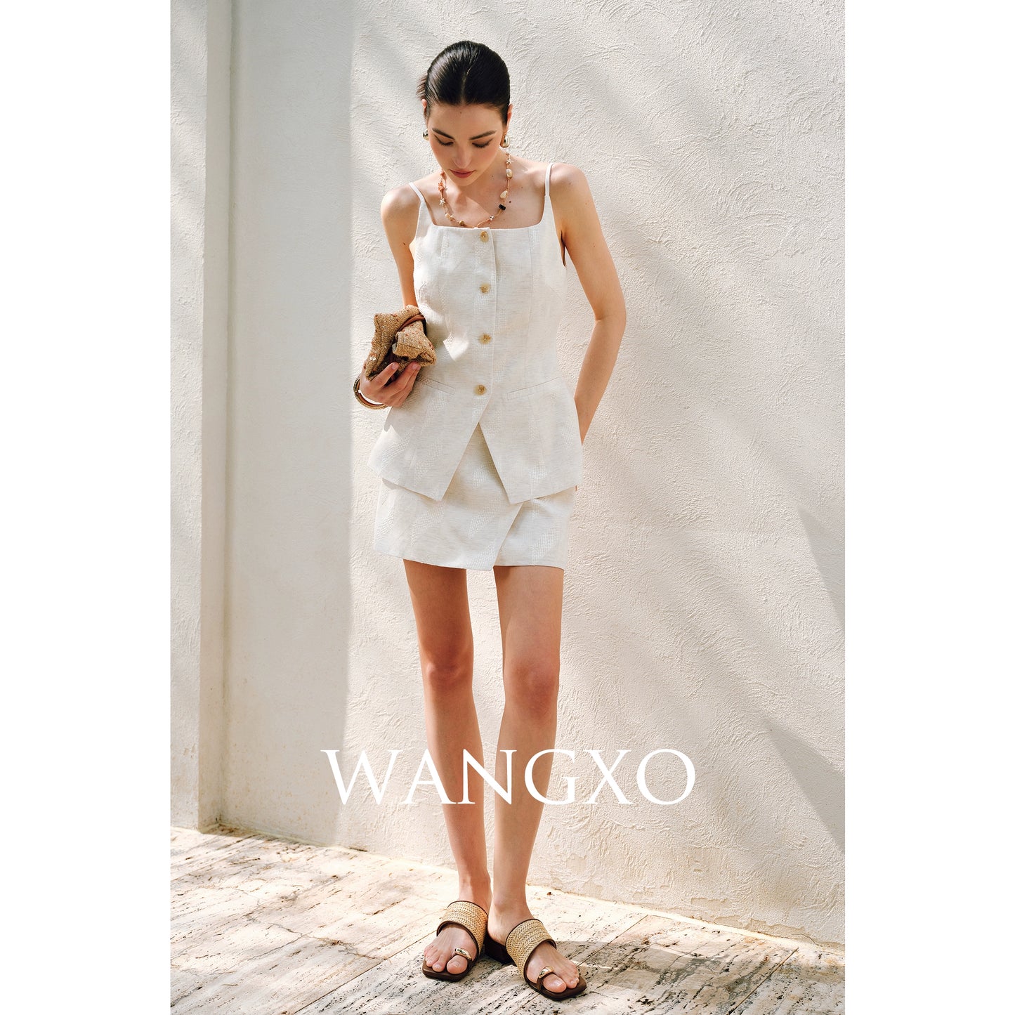 WANGXO | Oxygen-Induced Linen with Rhombic Texture  Waist-Cinched U-Neck Camisole Vest & Tie Skirt Set -NOLA