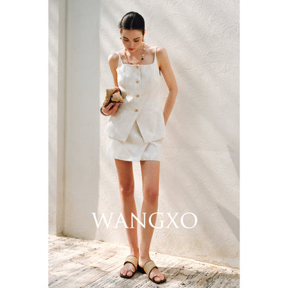 WANGXO | Oxygen-Induced Linen with Rhombic Texture  Waist-Cinched U-Neck Camisole Vest & Tie Skirt Set -NOLA