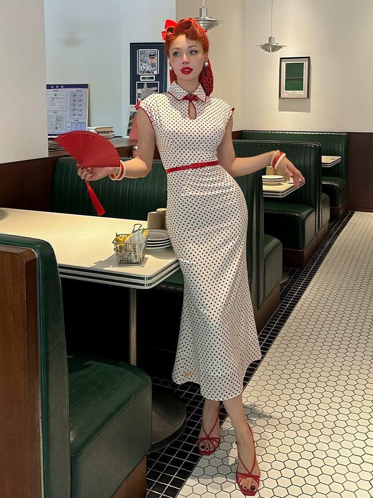 Le Palais Vintage  Elegant Red and White Polka Dot Slim Hong Kong Style Fishtail Dress-KONG