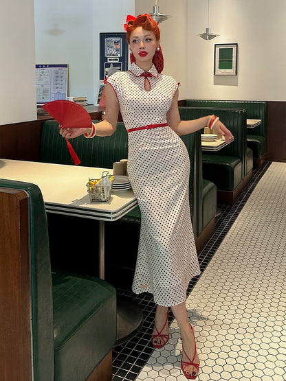 Le Palais Vintage  Elegant Red and White Polka Dot Slim Hong Kong Style Fishtail Dress-KONG