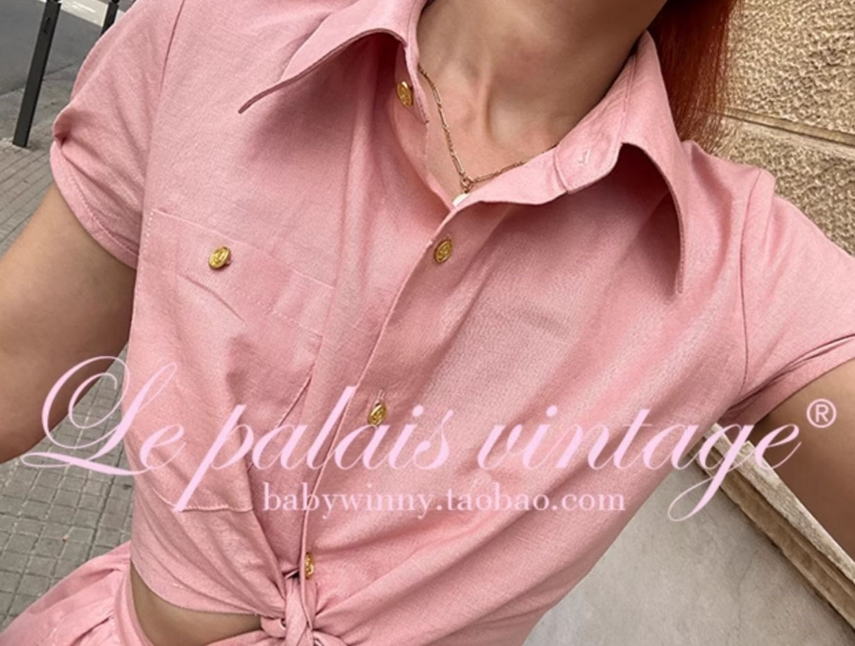 Le Palais Vintage  Gold Cotton Linen Pink Puff Sleeve Shirt + Shorts-ASA.