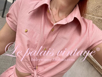 Le Palais Vintage  Gold Cotton Linen Pink Puff Sleeve Shirt + Shorts-ASA.