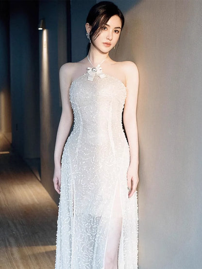 Wardrobes by Chen Luxury French Embroidered Butterfly Halter neck slick Dress- Kara