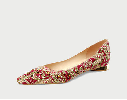 Pjjuu beaded printed red gold heel ballet flats shoes  - Hailey