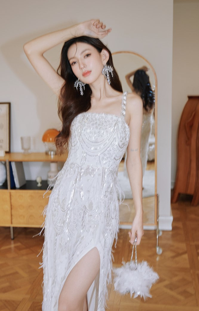 DOLLY Luxury White French Style Sleeveless Sequin Embroidered Long Slit Party Dress-Dalia