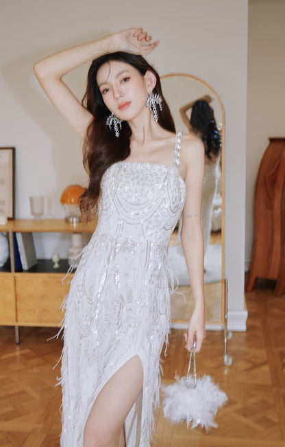 DOLLY Luxury White French Style Sleeveless Sequin Embroidered Long Slit Party Dress-Dalia