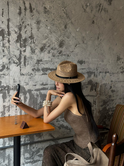 MEI SANUAN gold semi-high neck lace-up sleeveless knitted retro top - RIMA