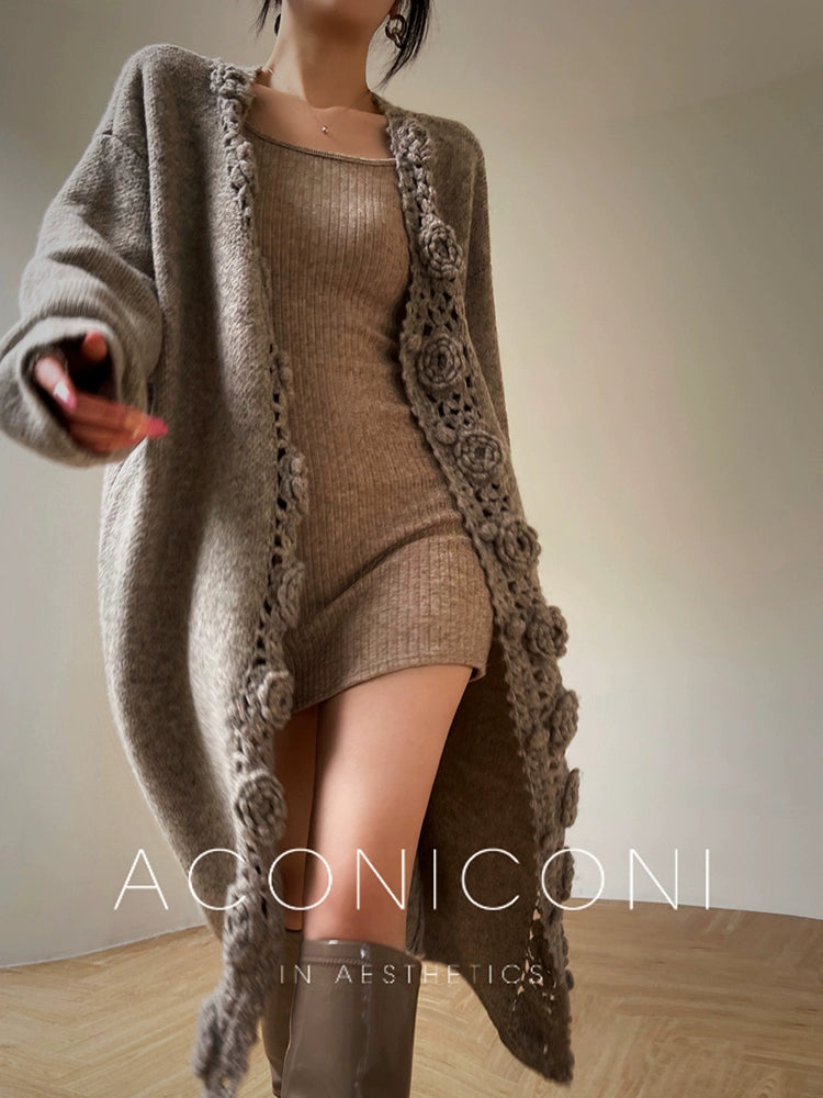 Aconiconi Luxury Loose V-Neck Long Sleeve Crochet Sweater - Camellia in the Fields